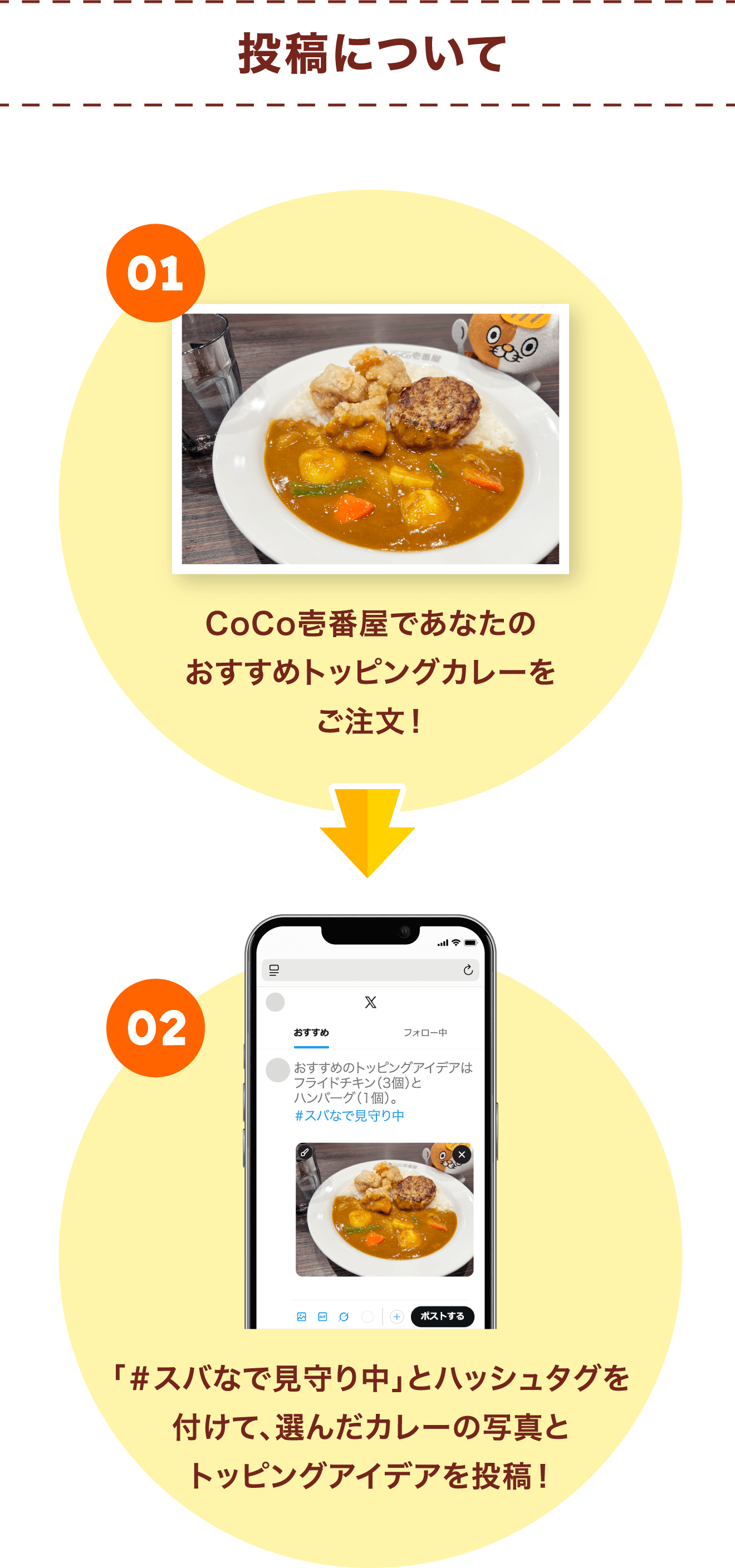 投稿について【1】CoCo壱番屋であなたのおすすめトッピングカレーをご注文！【2】「＃スバなで見守り中」とハッシュタグを付けて、選んだカレーの写真とトッピングアイデアを投稿！