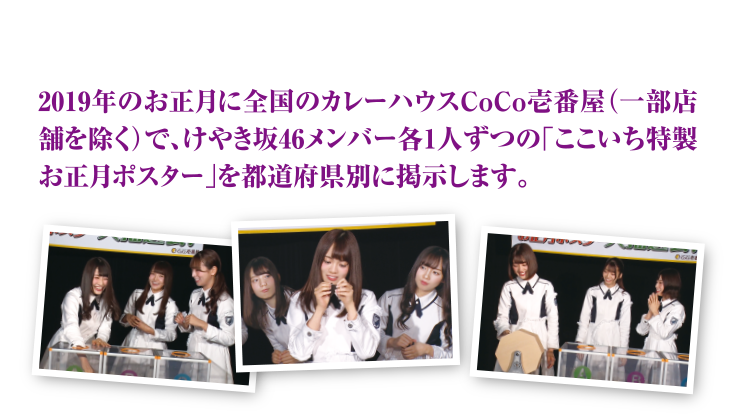 2019年のお正月に全国のカレーハウスCoCo壱番屋（一部店舗を除く）で、けやき坂46メンバー各1人ずつの「ここいち特製お正月ポスター」を都道府県別に掲示します。