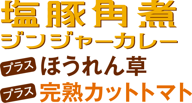 塩豚角煮ジンジャーカレープラスほうれん草プラス完熟カットトマト